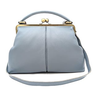 Leather Handbag "Large Olive" in Light Blue – Vintage Frame Bag, Top Handle Bag and Crossbody, Personalized, Genuine Leather