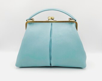 Handbag leather "Olivia" in light blue, leather handbag, leather shoulder bag, kiss lock handbag, kiss lock purse, Retro