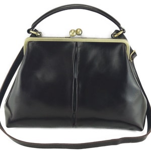 Leather handbag, Leather Purse Vintage Olive in black, shoulder bag, Kiss lock Bag, Kiss lock Purse, Frame Bag, Retro image 9