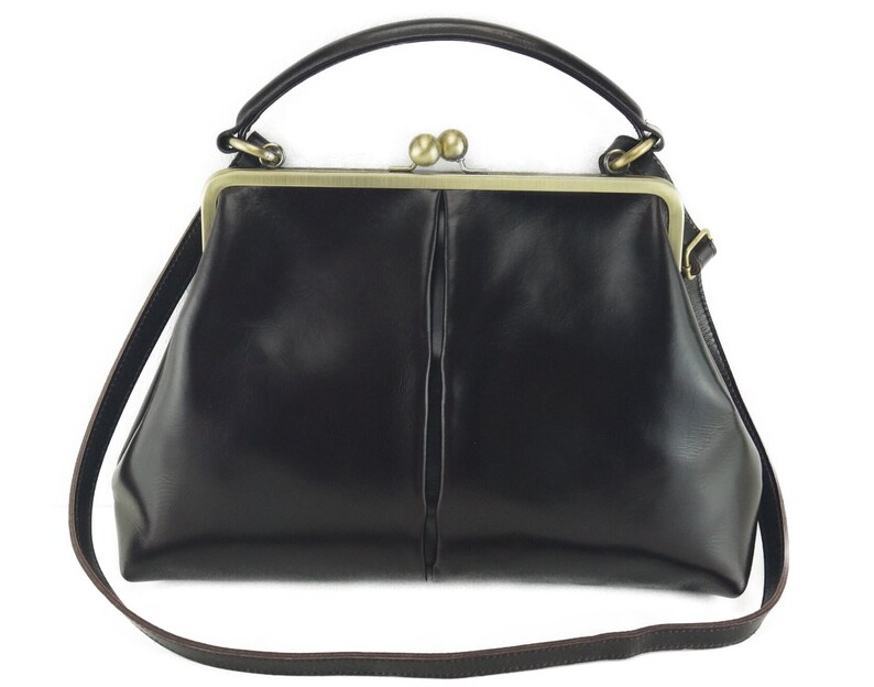 Leather handbag, Leather Purse Vintage Olive in black, shoulder bag, Kiss lock Bag, Kiss lock Purse, Frame Bag, Retro image 9