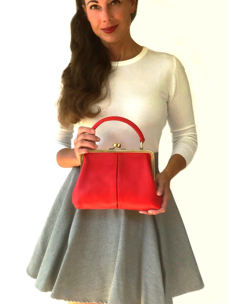 Vintage Red Leather Handbag Small Olive Handbag, Shoulder Bag, Leather Purse Retro Style image 1