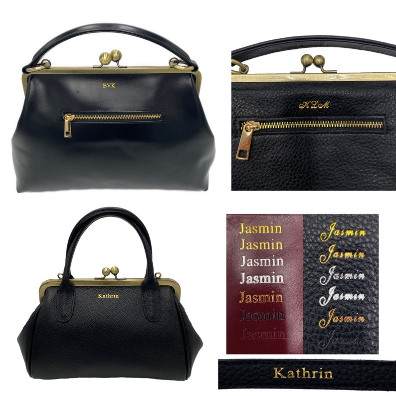 Leather handbag, Leather Purse Vintage Olive in black, shoulder bag, Kiss lock Bag, Kiss lock Purse, Frame Bag, Retro image 10