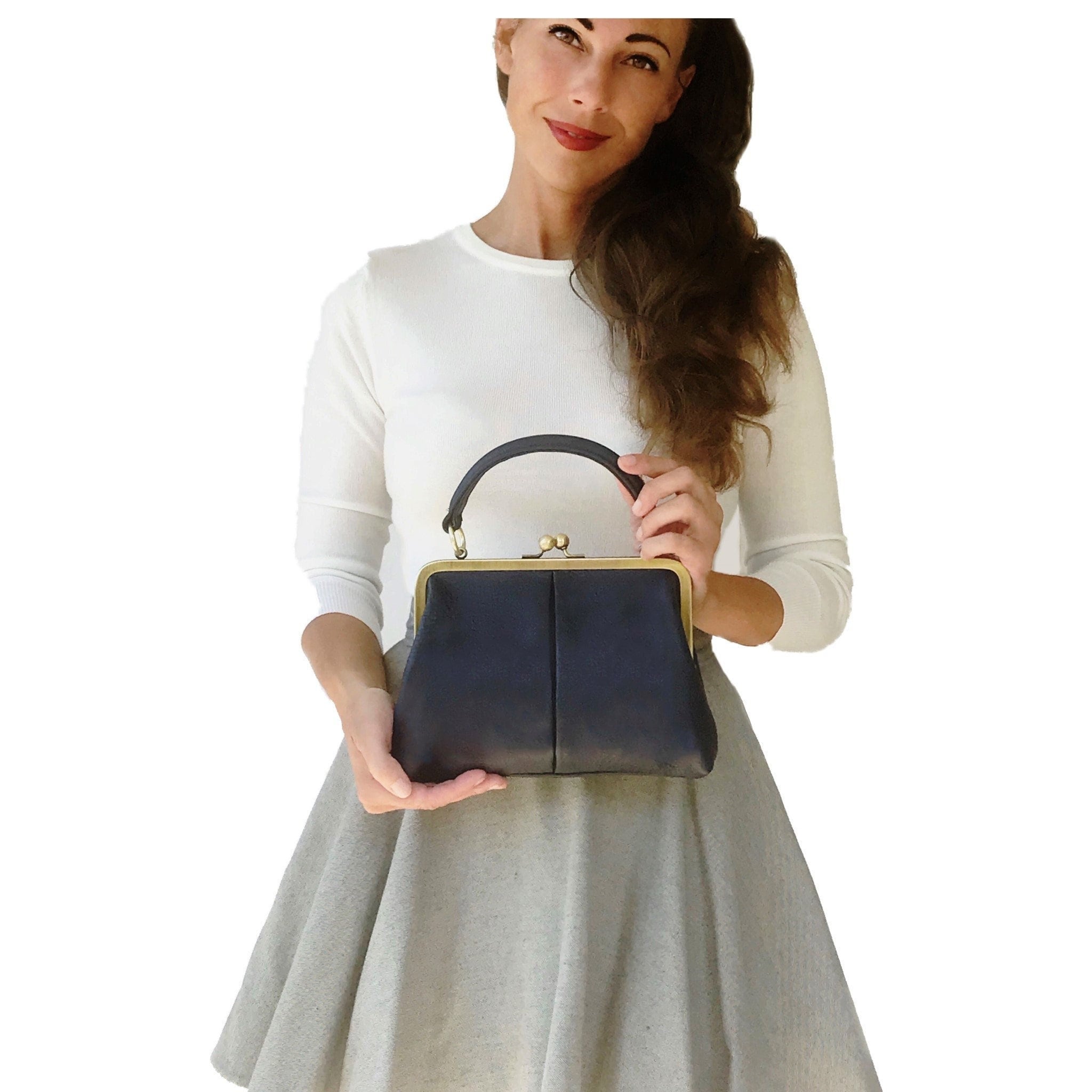 Leather Purse Shoulder Bag Leather small Olive in Dark Blue