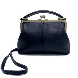 Leather Handbag, Leather Purse Small Olive in black, Handbags Womens, Top Handle Bag, Kiss Lock Purse, Shoulder Bag, Retro Bag image 8
