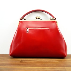 Handbags Womens, Top Handle Bag Olive in red, Kiss Lock Handbag, Frame Bag, Shoulder Bag Vintage image 5