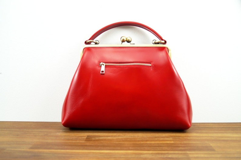 Handbags Womens, Top Handle Bag Olive in red, Kiss Lock Handbag, Frame Bag, Shoulder Bag Vintage image 5