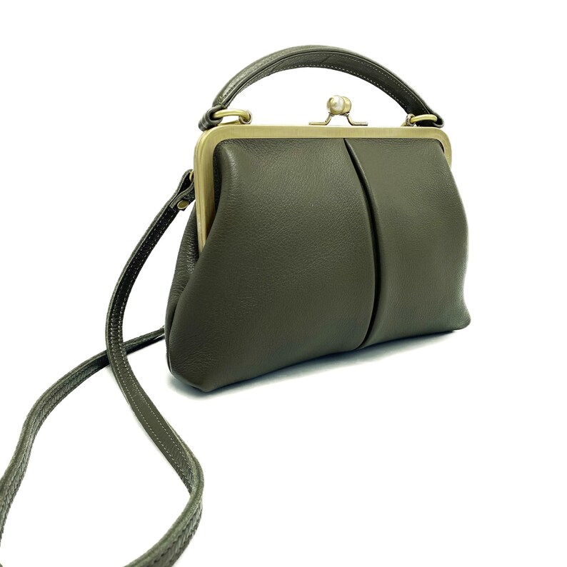 Vintage women's leather bag - Small Olive in dark green, handbag and shoulder bag, handmade image 9