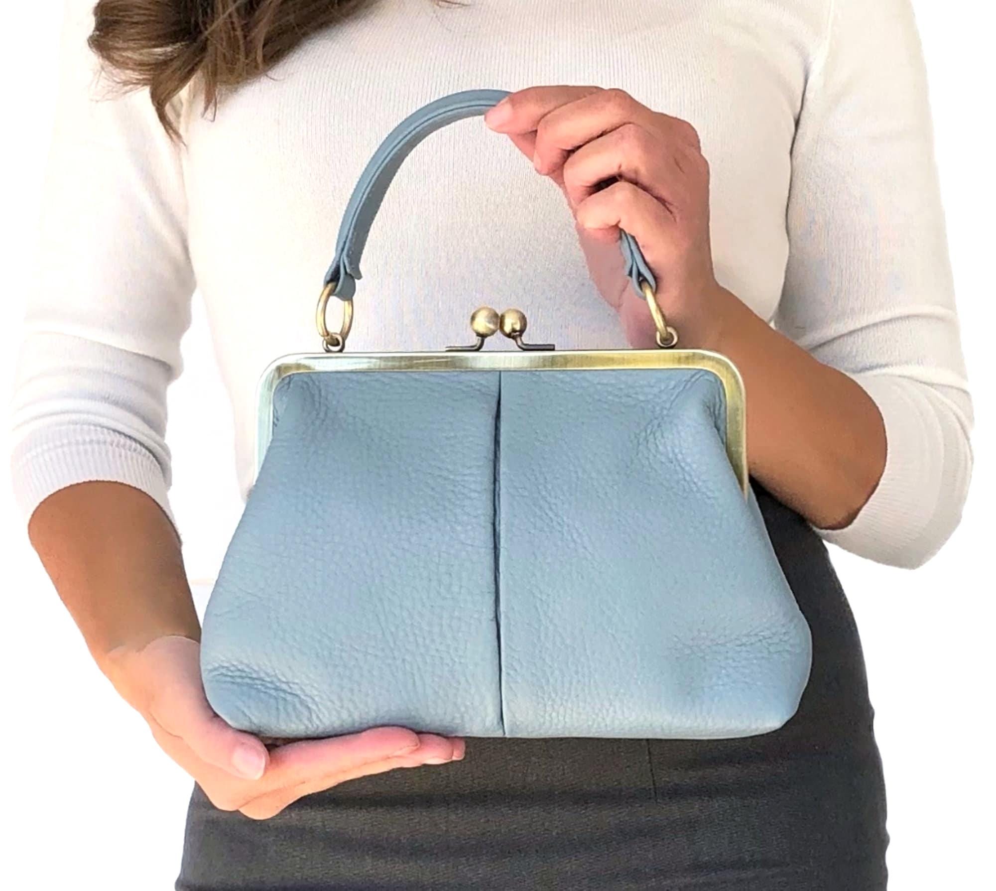 Small Olive Kiss Lock Bag - Light Blue | Leather Handbag | Top
