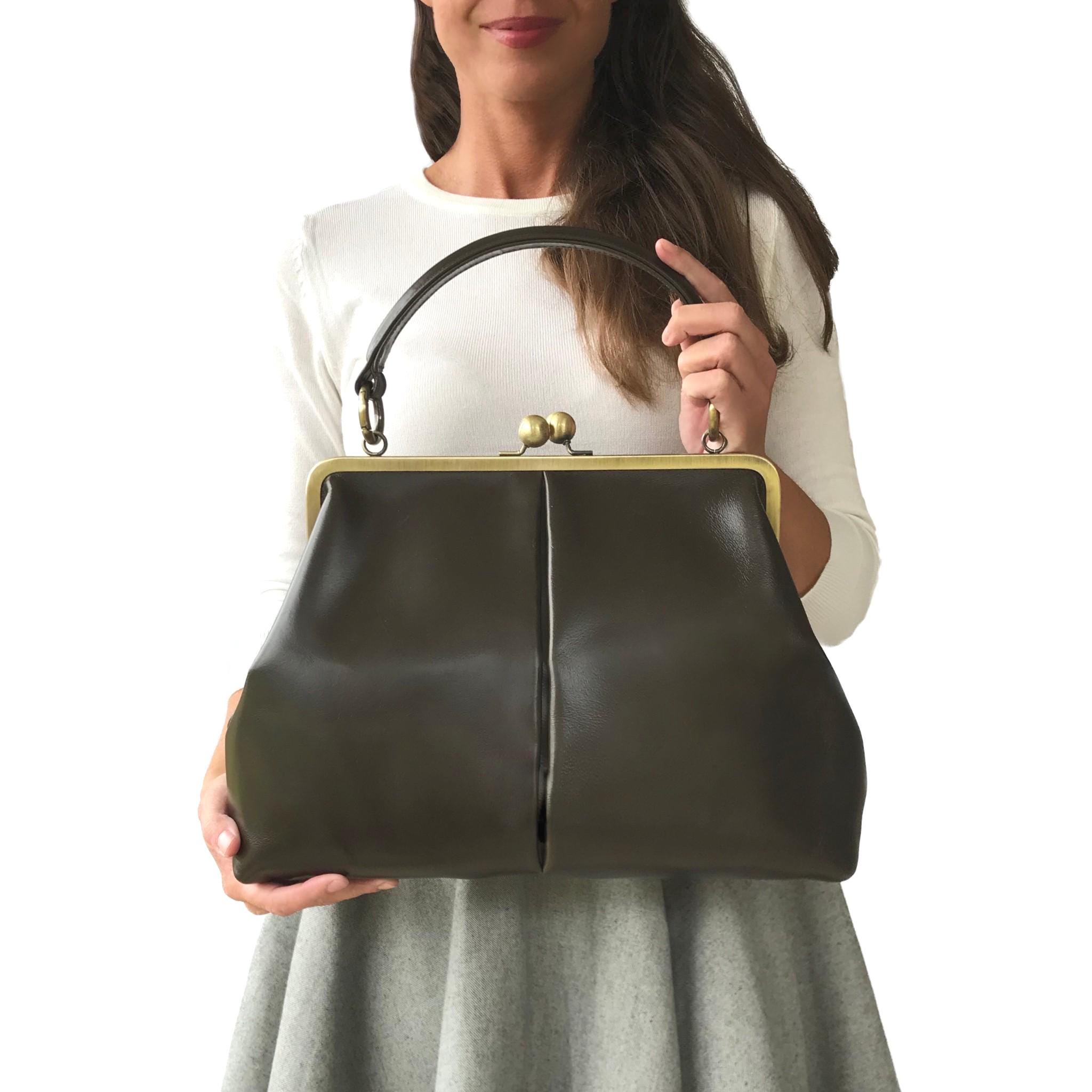 Leather handbag, Leather Purse "Big Vintage Olive" in dark green, Shoulder Bag, Kiss lock Bag, Kiss Lock Purse, Frame Bag, Retro