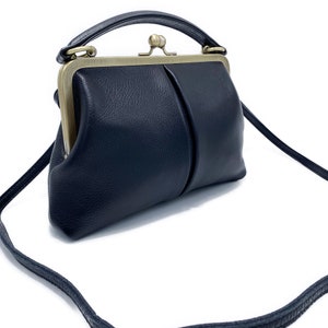 Leather Handbag, Leather Purse Small Olive in black, Handbags Womens, Top Handle Bag, Kiss Lock Purse, Shoulder Bag, Retro Bag image 4