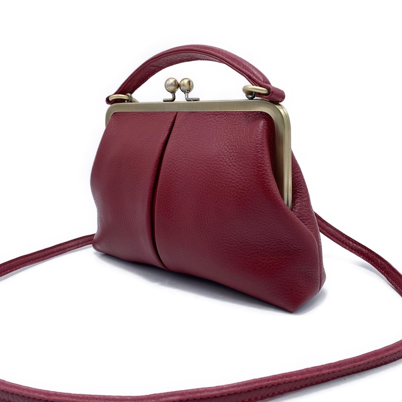 Handbags Leather, Small Leather Purse Small Olive in dark red, Leather Bag, Shoulder Bag, Top Handle Bag, Kiss Lock image 4