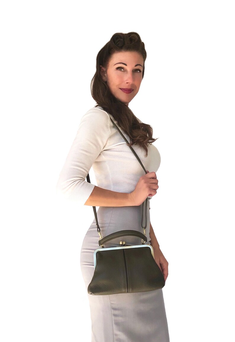 Vintage women's leather bag - Small Olive in dark green, handbag and shoulder bag, handmade image 6