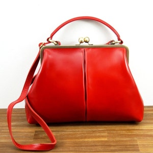 Handbags Womens, Top Handle Bag Olive in red, Kiss Lock Handbag, Frame Bag, Shoulder Bag Vintage image 7