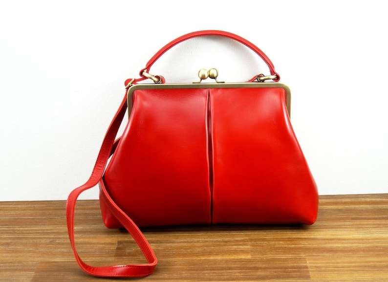 Handbags Womens, Top Handle Bag Olive in red, Kiss Lock Handbag, Frame Bag, Shoulder Bag Vintage image 7