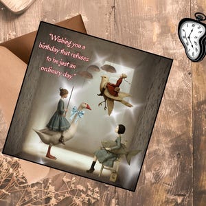 Unique Fantasy Birthday Card – Surreal umbrellas, Flying Bird & Goose Scene – Extraordinary Birthday Greeting
