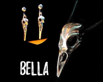 BELLA Earrings & Necklace Set, Raven Skull Jewelry with Clip-on Option