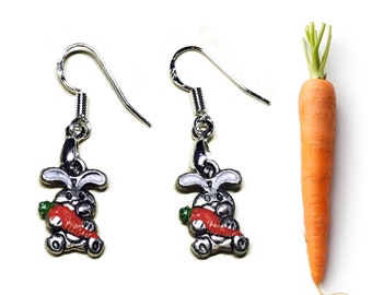 Bunny with a Carrot Earrings, Hand Painted Jewelry
