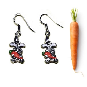 Bunny with a Carrot Earrings, Hand Painted Jewelry