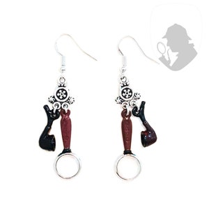Sherlock Holmes-Inspired Charm Earrings – Hand-Painted Mini Pipe & Working Magnifying Glass