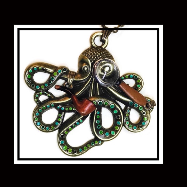 Sherlocktopus Necklace, Sherlock Octopus with Miniature Pipe and Magnifying Lens