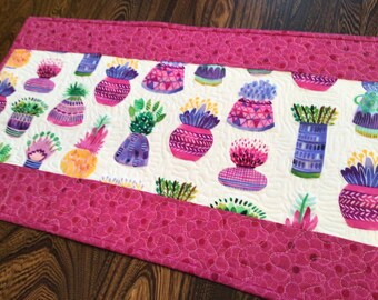 Quilted Plants in Pots Table Runner, Succulent Runner