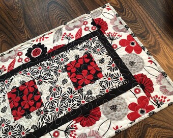 Quilted Patchwork Runner in Red, Black, Gray and White