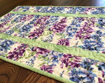Blue & Purple Floral Quilted Table Runner: Spring Decor