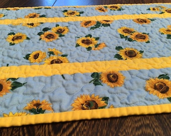 Quilted Sunflower Table Runner on Blue, Spring Runner, Summer