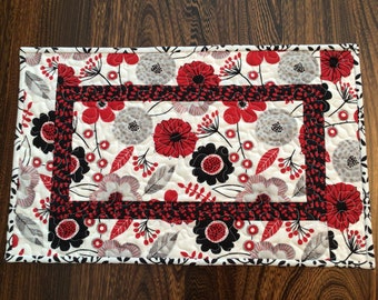 Floral Quilted Table Runner: Red, Black & White, Handmade