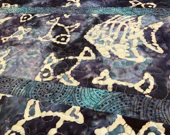 Quilted Fish Table Runner, Blue Batik Runner