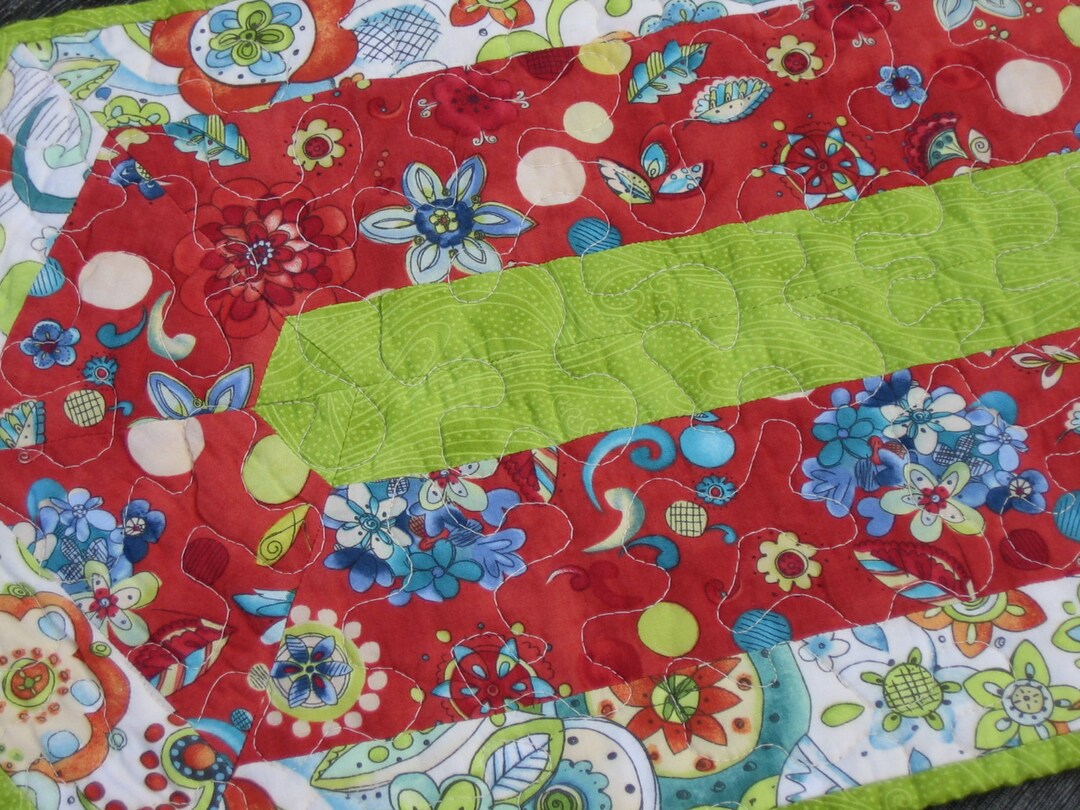 Modern Quilted Table Runner in Red, Lime Green and Blues. - Etsy