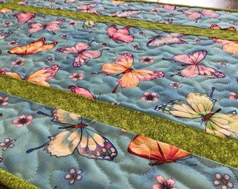 Quilted Butterfly Table Runner: Spring Decor, Blue & Green (13x41.25)