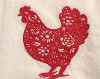 Red Embroidered Chicken Tea Towel