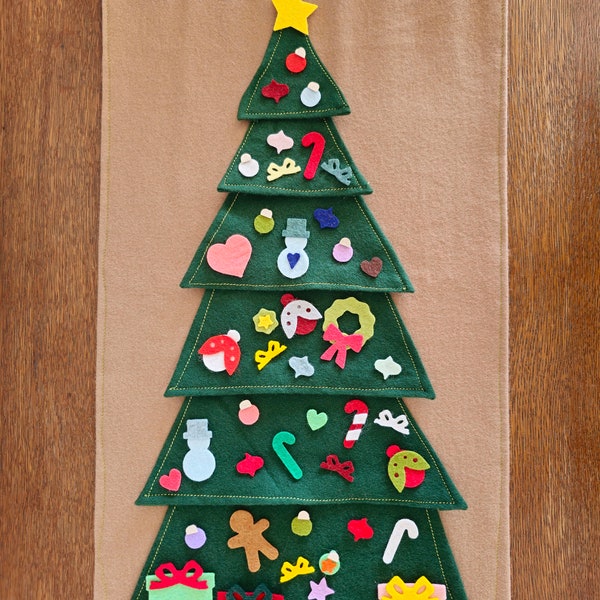 Mini Personal Hanging Flannel Board with Christmas Tree, Wool Felt Ornaments & Lights