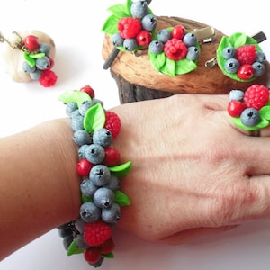 Handmade Polymer Clay Berry Jewelry Set: Raspberry, Blueberry, Lingonberry