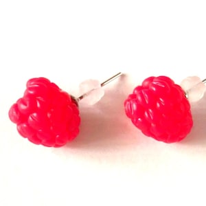 Raspberry Stud: Handmade Polymer Clay Red Berry Jewelry, 3D Tiny Raspberry Earrings