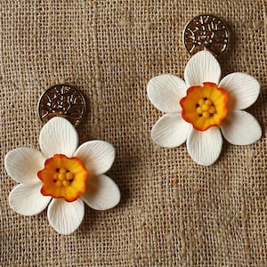 Daffodil Earrings: Handmade Polymer Clay White Floral Studs, Gold Color Base