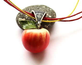 Apple Necklace: Handmade Polymer Clay Red Fruit Pendant, 3D Apple Charm