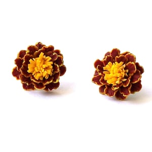 Marigold Earrings Post Stud : Handmade Polymer Clay Tiny Floral Jewelry