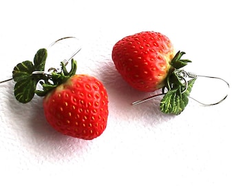 Strawberry Earrings: Polymer Clay Fruit Jewelry, Heart Form Berry