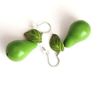 Green Pear Earrings: Handmade Polymer Clay Fruit Jewelry, Vegan Gift