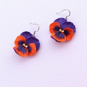 Pansy earrings Pansy jewelry Pansy pendant Pansy necklace polymer clay jewelry floral jewellery floral earrings Pansy joker poker face flowe