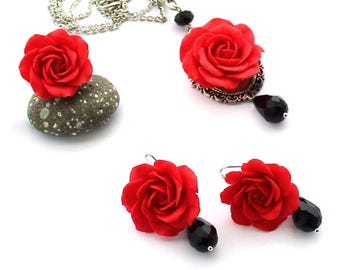 Red Rose Polymer Clay Jewelry Set: Necklace, Ring & Earrings