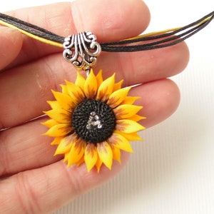 Personalized Sunflower Initial Necklace: Polymer Clay Floral Pendant, Rhinestones Letter