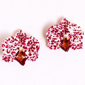 Orchid earrings spotted orchid white orchid jewelry polymer clay jewelry burgundy orchid earrings floral jewelry flower earrings clay orchid