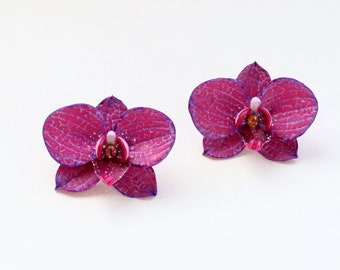 Orchid earrings orchid clips burgundy orchid polymer clay jewelry burgundy jewelry floral jewelry flower earrings orchid jewelry dark orchid
