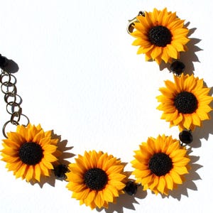 Sunflower Bracelet: Handmade Polymer Clay Yellow Floral Cuff Jewelry, 5 Flower Bronze Color Chain