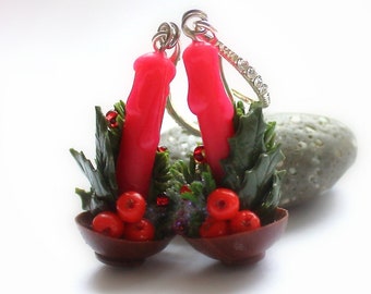 Christmas earrings holly earrings Christmas jewelry candle earring candle jewelry holly jewelry red jewelry winter jewelry gift for her