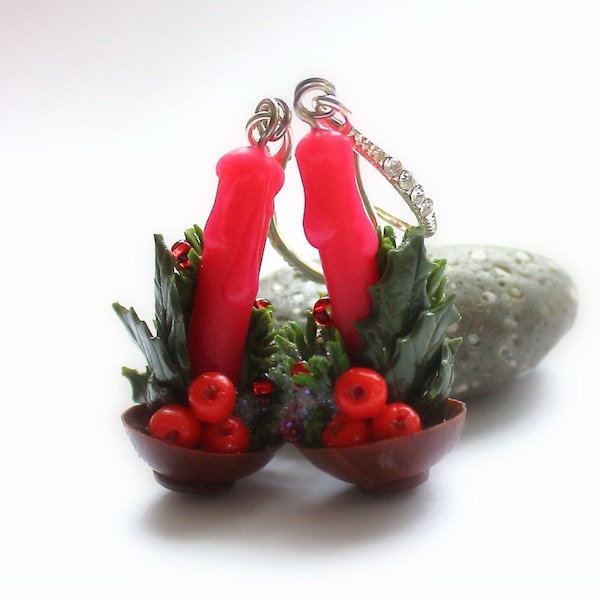 Polymer Clay Christmas Earrings: Miniature Candle & Holly Jewelry