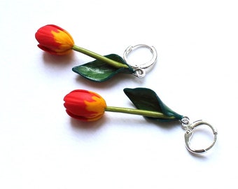 Tulip earrings tulip jewelry flower polymer clay jewelry red tulip gift for her floral jewelry flower jewelry huggie earrings Valentine gift